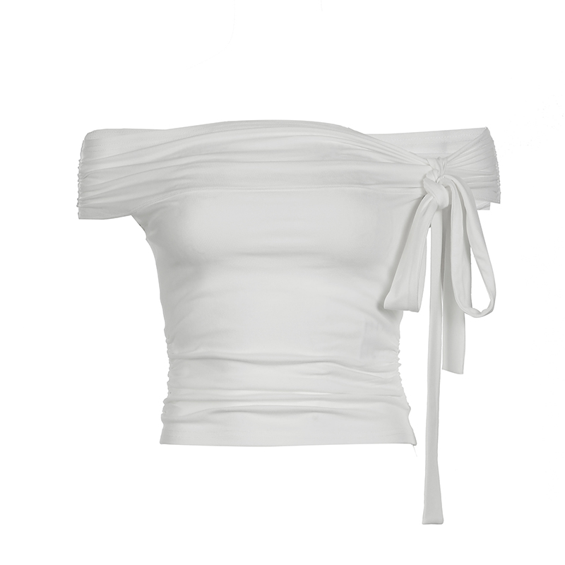 Asymmetrical Off-Shoulder Long Tie Ruffled Top for Women - Slimming Solid Color One-Shoulder T-Shirt - Trendy Y2K Fashion