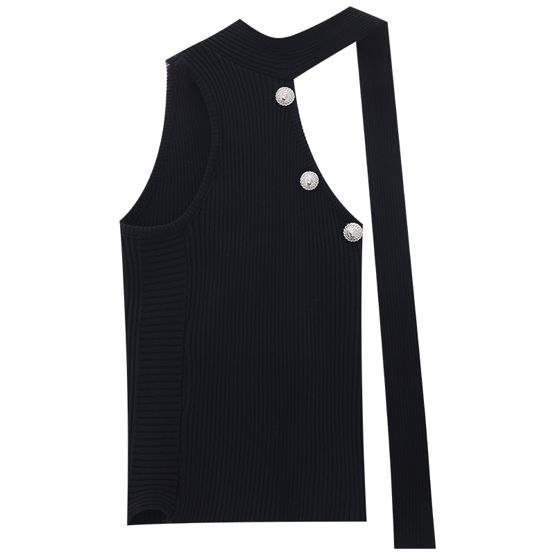 Asymmetrical Shoulder Tank Top for Women - Black Slim Fit Neckholder Summer Style - Trendy Y2K Look