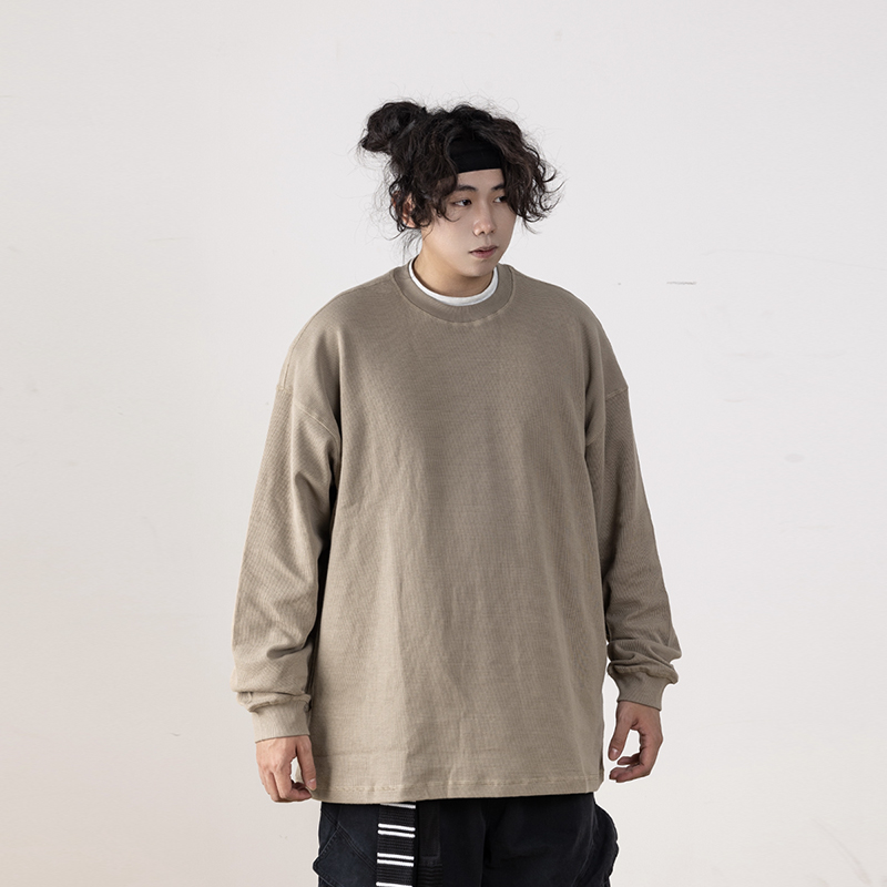 Autumn Minimalist Breathable Waffle Long Sleeve T-Shirt for Men - Loose Fit Round Neck Casual Wear Trend