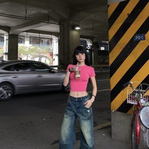 Baggy Skate Pants for Girls - Film-Style Yellow and Blue Wash Slimming Jeans, 90s Inspired Streetwear Fashion