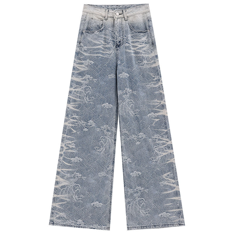 Baroque Fantasy Loose-Fit Denim Pants for Women - Original Chinese Jacquard Design, Versatile Wide-Leg Style, Y2K Fashion Trend