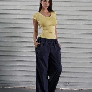 Basic Four-Color V-Neck Fitted Short Sleeve Versatile Top - Trendy Essential for Casual Chic Outfits