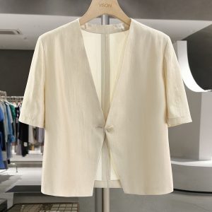 Beige Lightweight V-Neck Thin Jacket for Women - Luxury Acetate Glossy Short Top, 2025 Summer Fashion, Elegant and Stylish