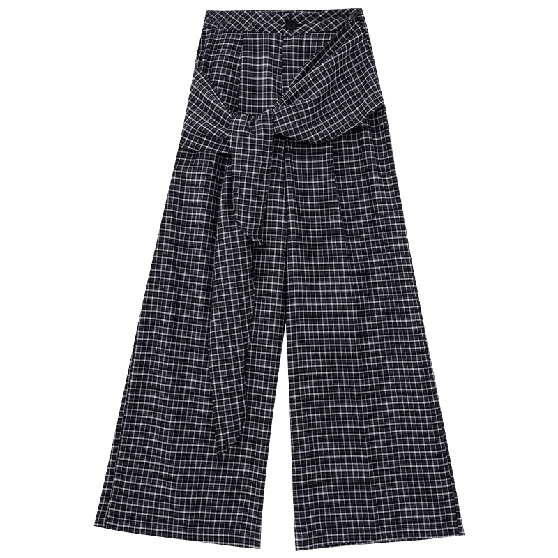 Black and White Plaid Wide-Leg Pants with Irregular Strap Design - Trendy Checkered Trousers for Women, Y2K Fashion