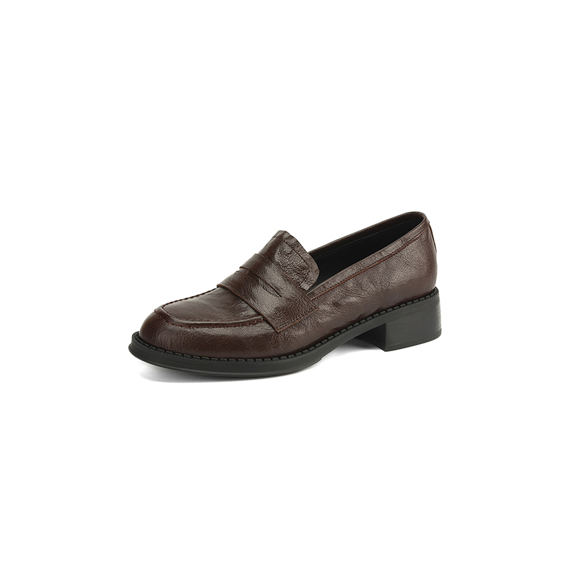 Black Chunky Heel Mid-Heel Loafers for Women - Sheepskin Round-Toe Leather Shoes - British Style Spring/Summer 2025 Fashion