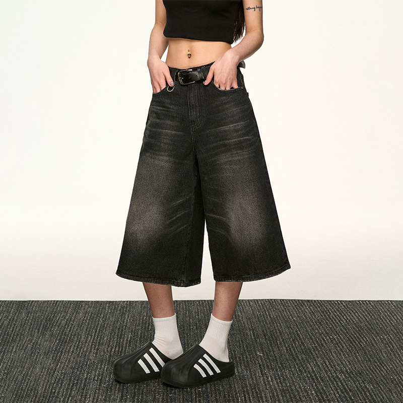 Black Denim Capri Pants for Women - American Style Loose Straight-Leg Versatile Wide-Leg Trousers for Spring/Summer 2025 Fashion