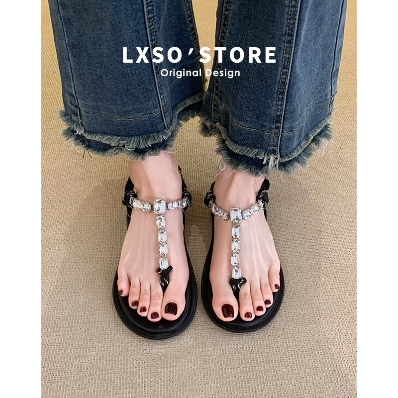 Black Fairy Style Flat Flip-Flops for Women - 2025 New Beach Sandals, Summer Outdoor Wear, Comfortable Summer Footwear