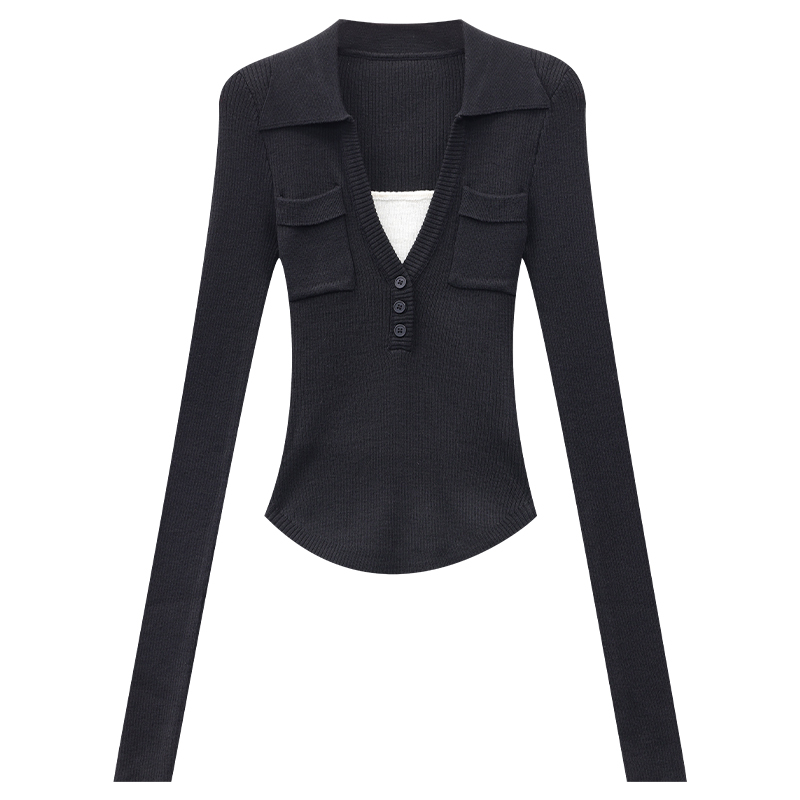 Black Fake Two-Piece Knitted Sweater Polo Shirt for Women - Slim Fit Long Sleeve Top - 2024 New Style Fashion