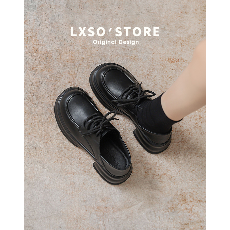 Black Genuine Leather Women's Lace-Up JK Loafers, British Style, Thick-Soled Footwear for Autumn Winter 2024