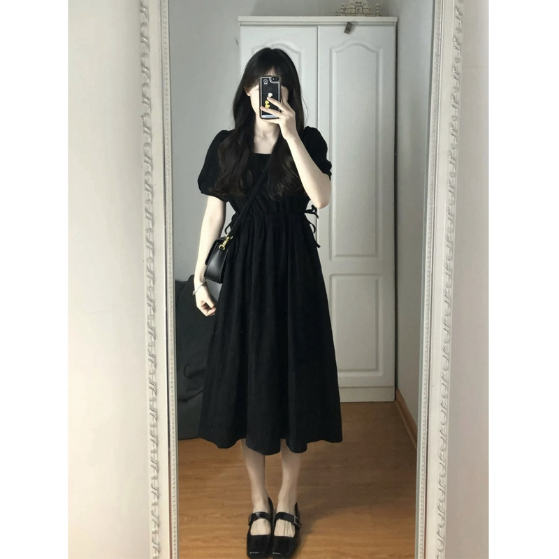 Black Hepburn-Style Square Neck Dress for Women - Summer 2025, Petite, Waist-Cinching, Slimming Long Dress, Timeless Elegance