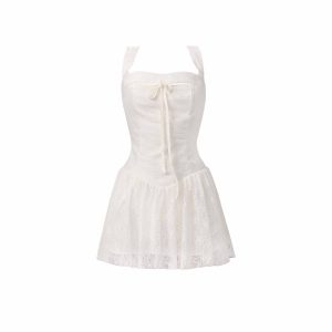 Blooming Dream Lace Tie Mesh Wide Shoulder Strap Dress - Sweet Floral Dating Dress for Summer, Y2K and 90s Inspired Fashion