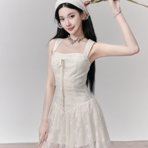 Blooming Dream Lace Tie Mesh Wide Shoulder Strap Dress - Sweet Floral Dating Dress for Summer, Y2K and 90s Inspired Fashion