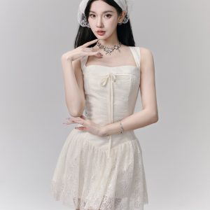 Blooming Dream Lace Tie Mesh Wide Shoulder Strap Dress - Sweet Floral Dating Dress for Summer, Y2K and 90s Inspired Fashion