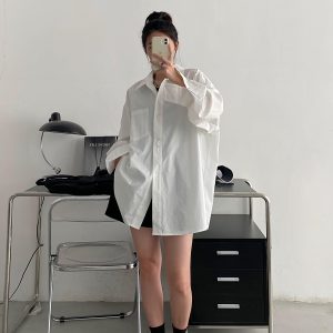 Blue Long Sleeve Shirt for Women - Thin Korean Style Blouse, Loose Casual Spring Autumn Top with Sun Grapefruit Design