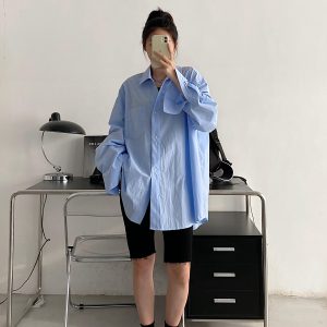Blue Long Sleeve Shirt for Women - Thin Korean Style Blouse, Loose Casual Spring Autumn Top with Sun Grapefruit Design