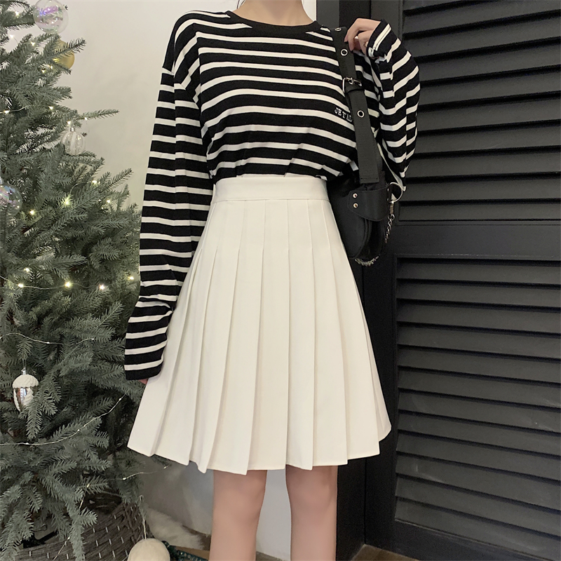 Blue Pleated Mid-Length A-Line Skirt for Spring and Summer, High-Waisted, Hip-Covering, Slimming JK Style Umbrella Skirt