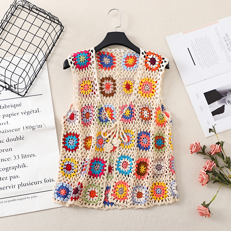 Bohemian Crochet Lace-Up Vest - Colorful Retro Ethnic Style Cardigan for Vacation - Handmade Fashion Top