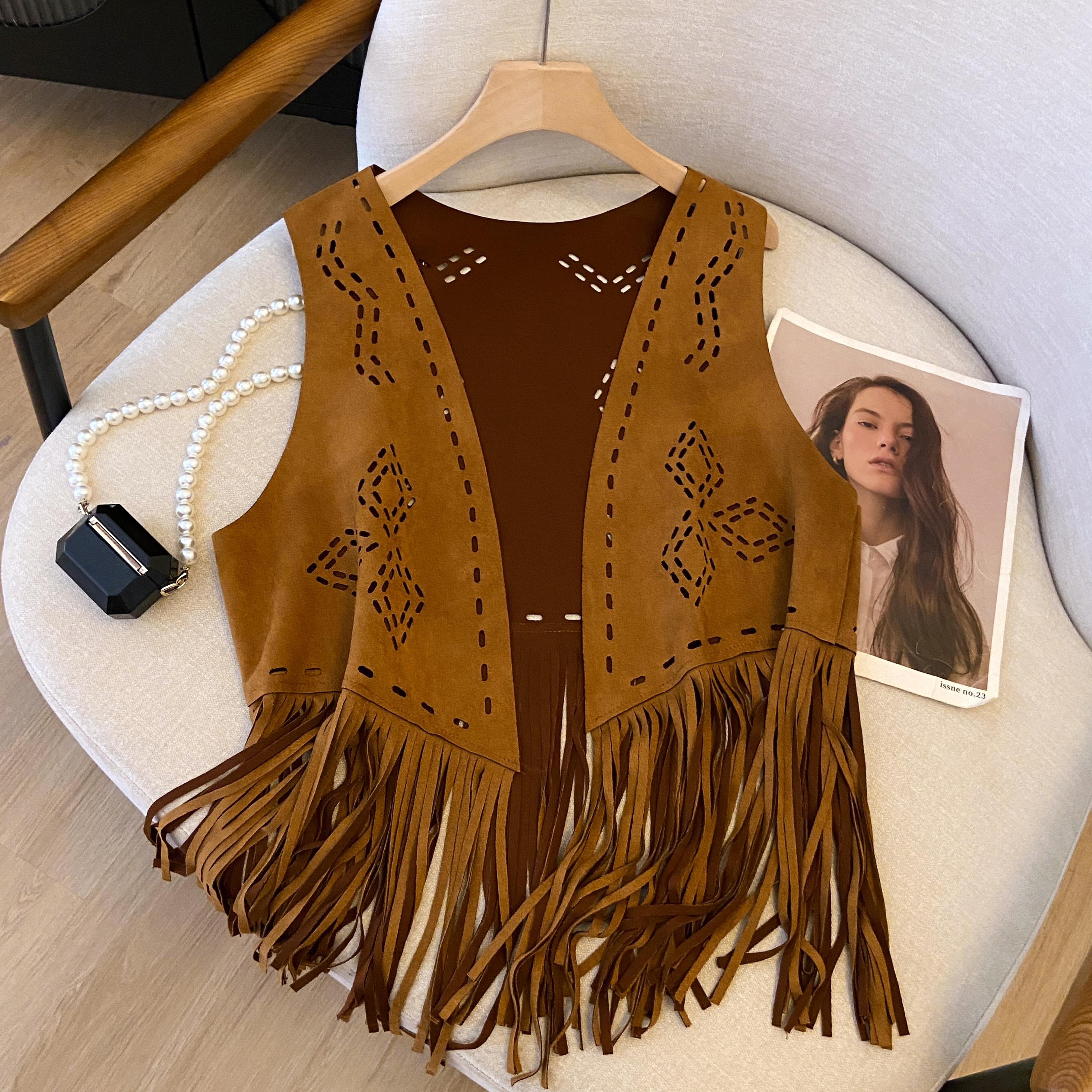 Bohemian Ethnic Diamond-Shaped Hollow-Out Tassel Vest for Travel, Xinjiang-Inspired Grassland Style Outfit