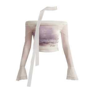 Broken Rose Mesh One-Shoulder Purple Floral Long Sleeve T-Shirt - Summer 90s Style Top