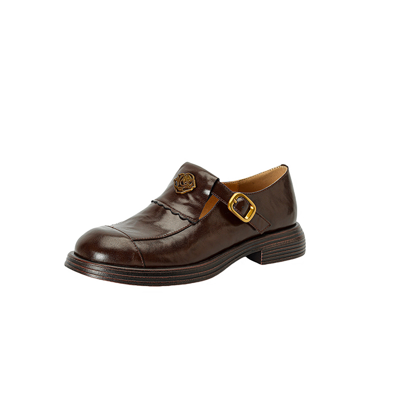 Brown Genuine Leather Camellia Flat Loafers for Women - 2025 British Style Summer Shoes