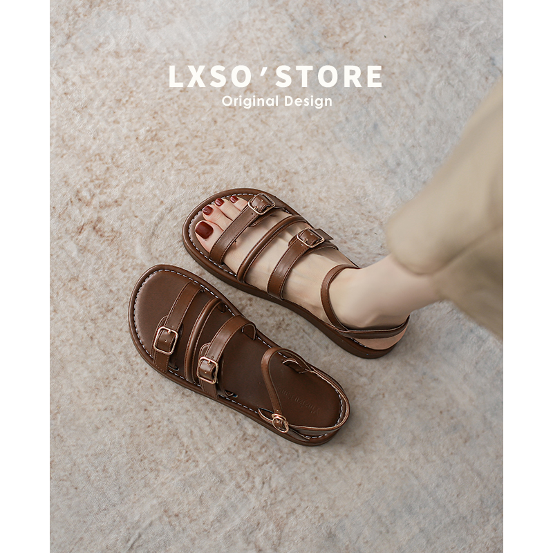 Brown Genuine Leather Roman Sandals for Women - 2025 Summer Outdoor Flat Beach Shoes, Versatile Flip-Flops for Casual Wear