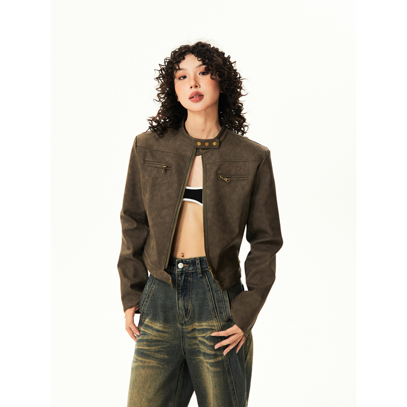 Brown Leather Motorcycle Jacket for Women – Sexy Slim Fit, American Retro Style, Autumn Trend, Short Design