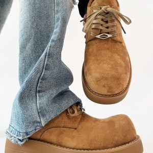 Brown Suede Derby Shoes for Men and Women - Low-Top Thick-Soled Height-Increasing Mickey Style Boots