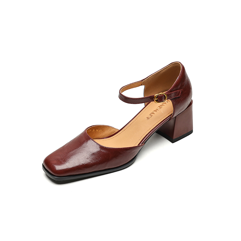 Burgundy Sheepskin High Heeled Chunky Heel Sandals for Women - Square Toe Hollow One-Strap Closed-Toe Style for Summer 2025
