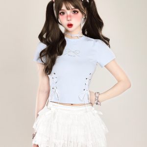 Butterfly Embroidery Tie-Up Shoulder Cropped Short Sleeve T-Shirt for Women – Summer Fitted Top, Sweet and Spicy Style