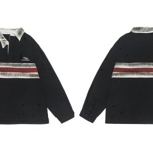 California Vintage Striped Spliced Polo Collar Sweatshirt - Unisex Long Sleeve, Versatile, Washable, American Dirty Dye Style