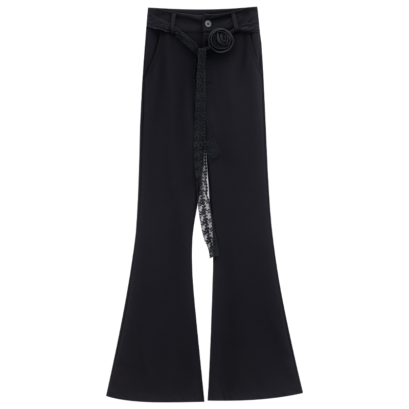 Captured Romance Black Lace Belt Casual Flared Pants for Women - Slimming Bell-Bottoms, Y2K Style, 2025 Fashion