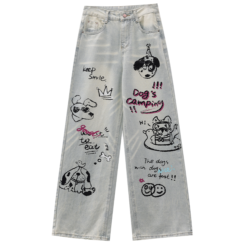 Cartoon Graffiti Wide-Leg Jeans for Women - Loose Fit Puppy Party Design, Y2K Style, 2025 Early Spring Collection