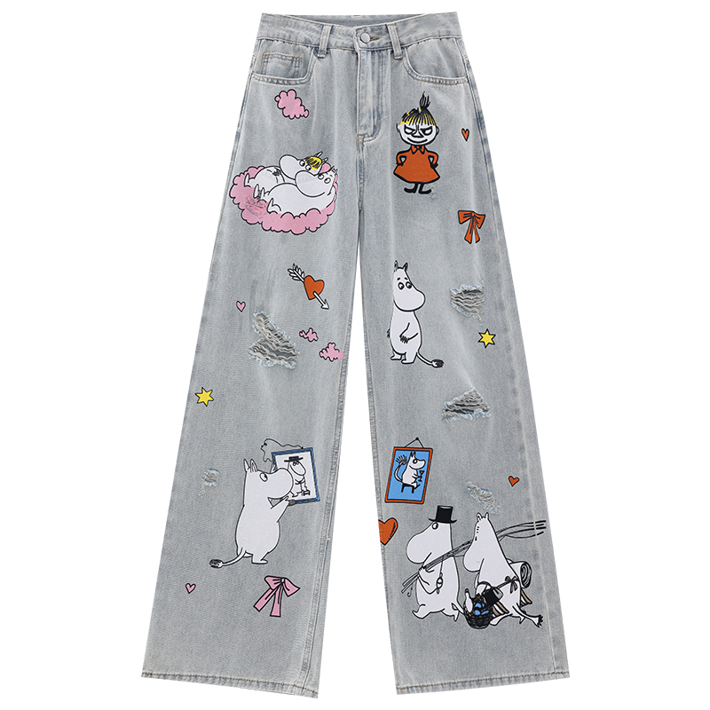 Cartoon Print Graffiti Ripped Wide-Leg Jeans for Women - Summer Loose Fit, Casual 90s Inspired Fashion
