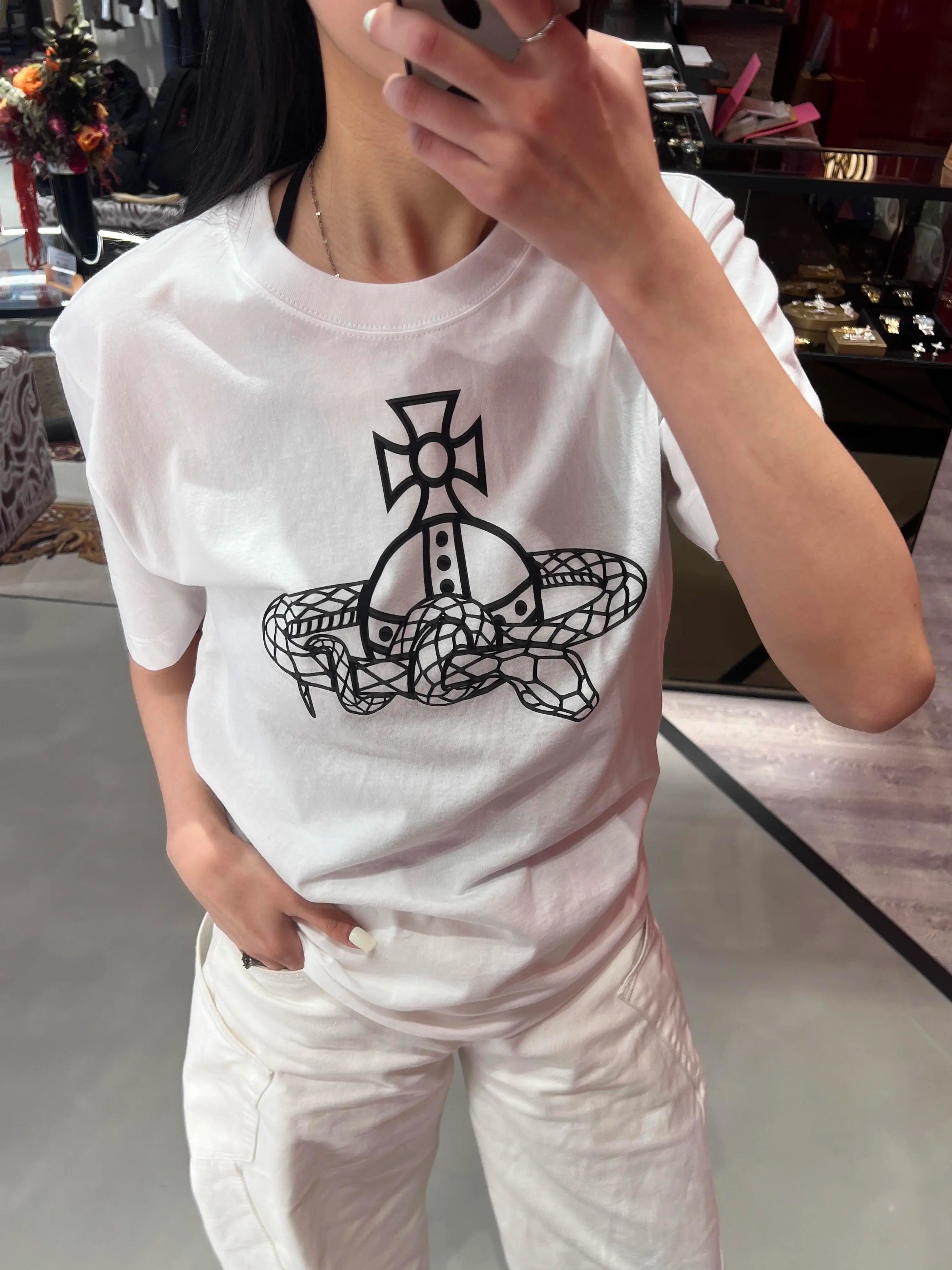 Casual Printed Snake T-Shirt for Women - Loose Fit, Round Neck, Pure Cotton - 25SS South Korea INS Limited Edition