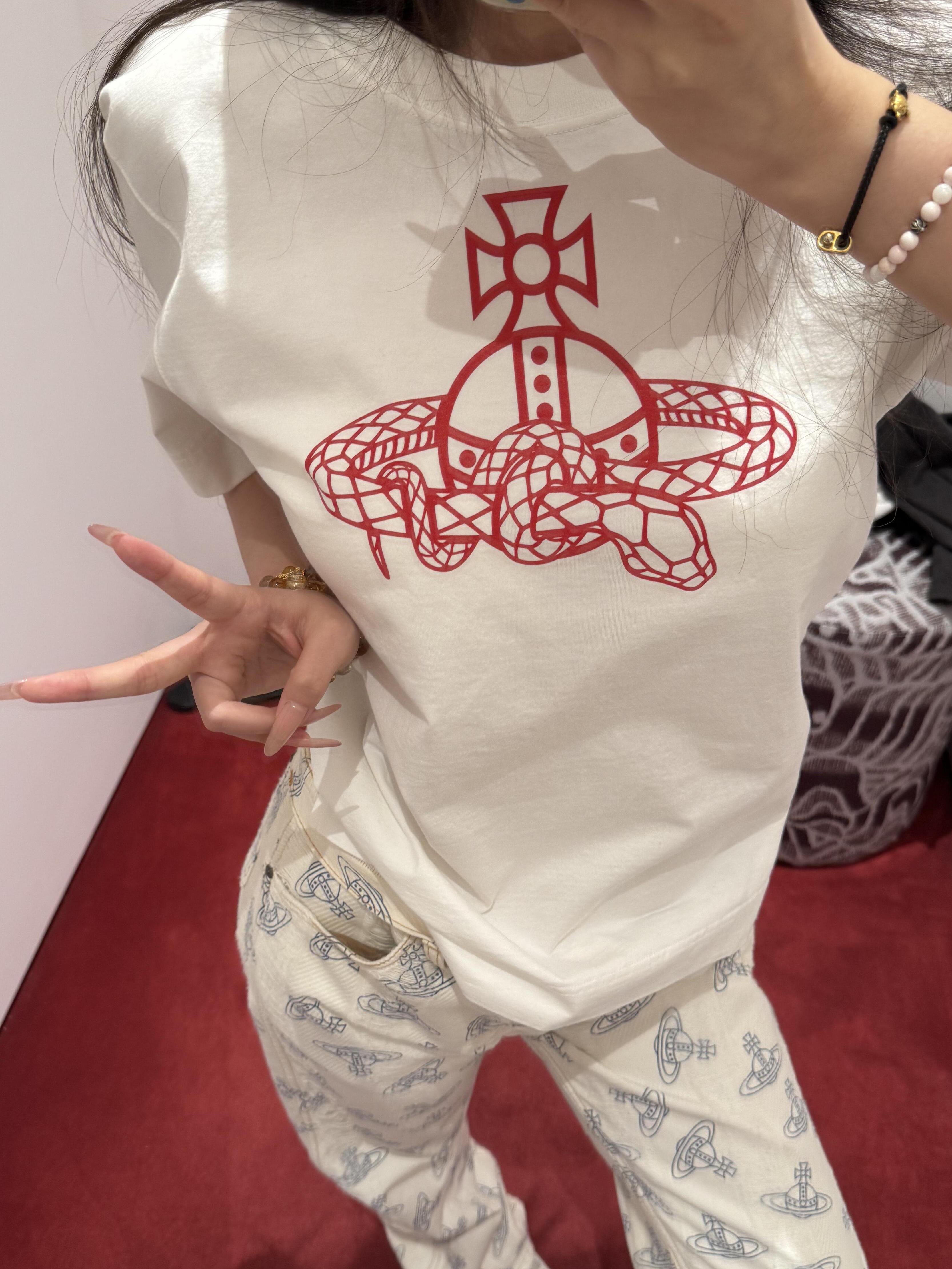 Casual Printed Snake T-Shirt for Women - Loose Fit, Round Neck, Pure Cotton - 25SS South Korea INS Limited Edition