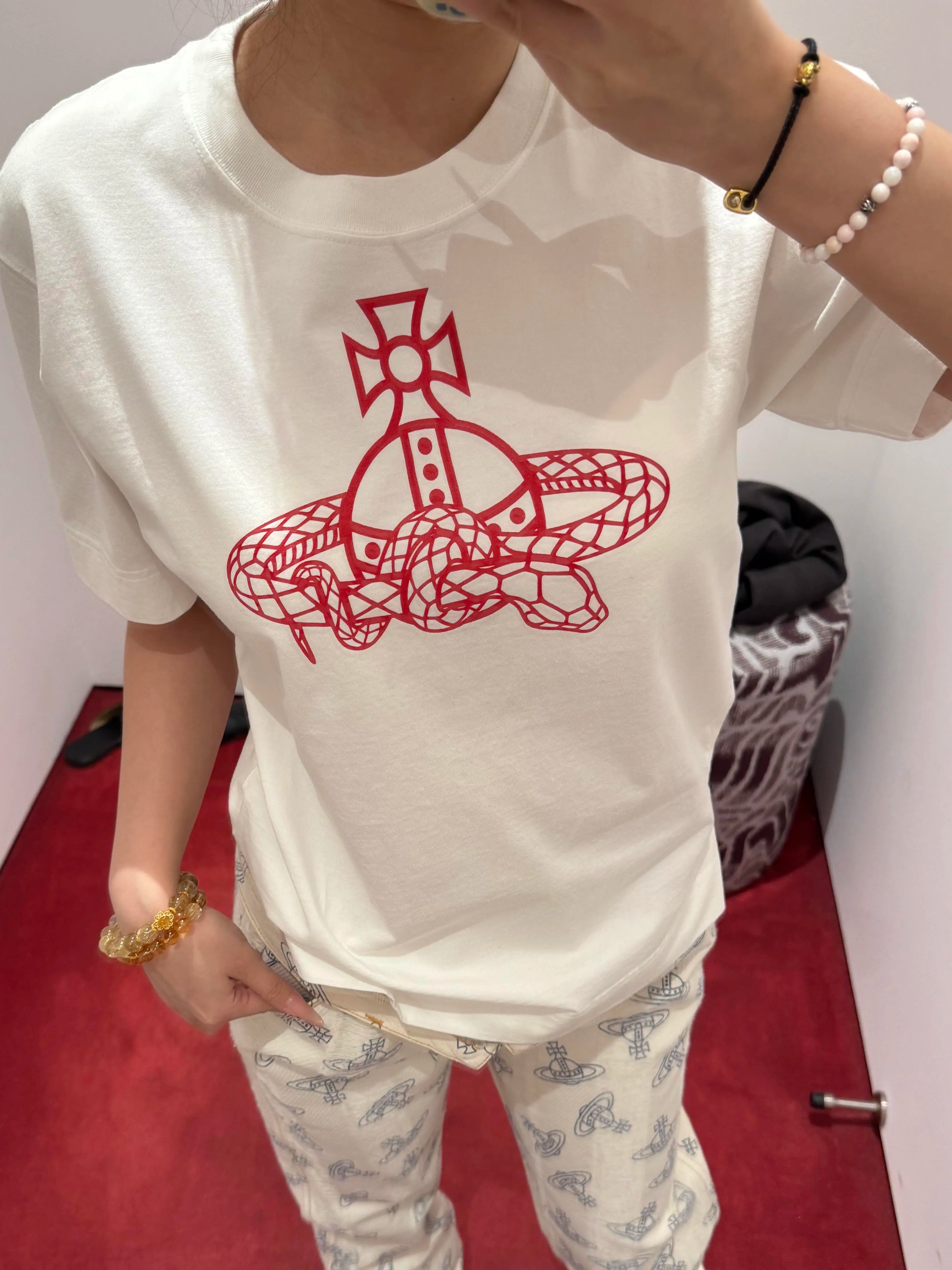 Casual Printed Snake T-Shirt for Women - Loose Fit, Round Neck, Pure Cotton - 25SS South Korea INS Limited Edition