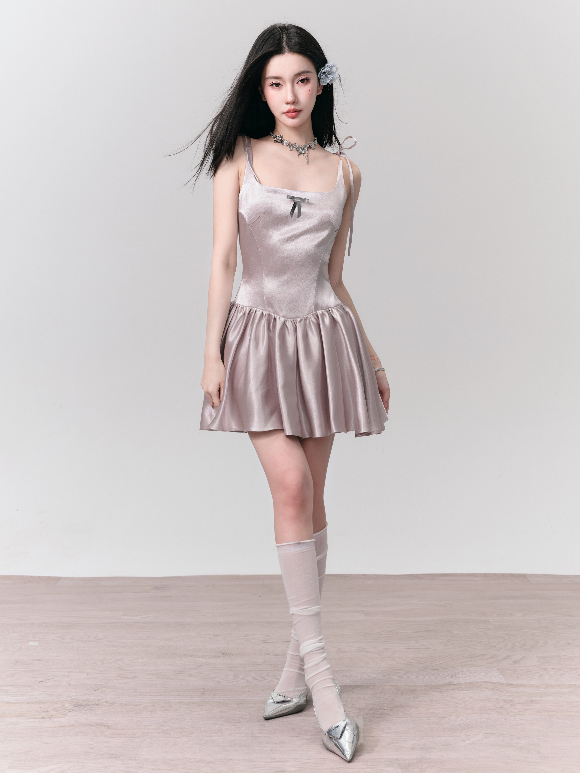 Champagne Latte Silver Powder Flowing Strap Dress - Elegant Princess Style, Perfect for Parties and Special Occasions