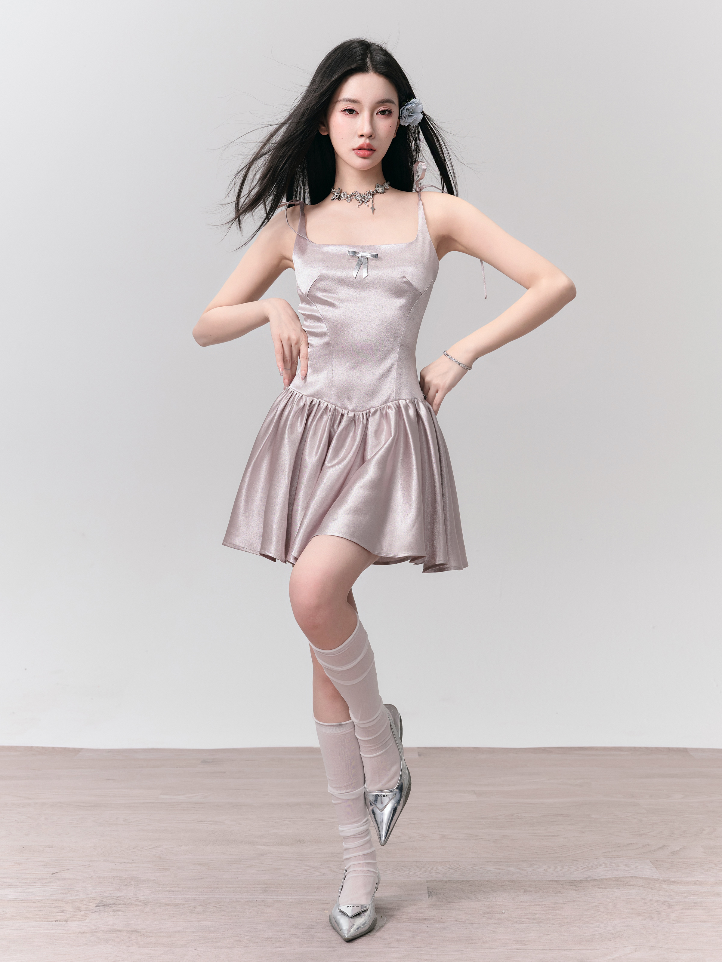 Champagne Latte Silver Powder Flowing Strap Dress - Elegant Princess Style, Perfect for Parties and Special Occasions