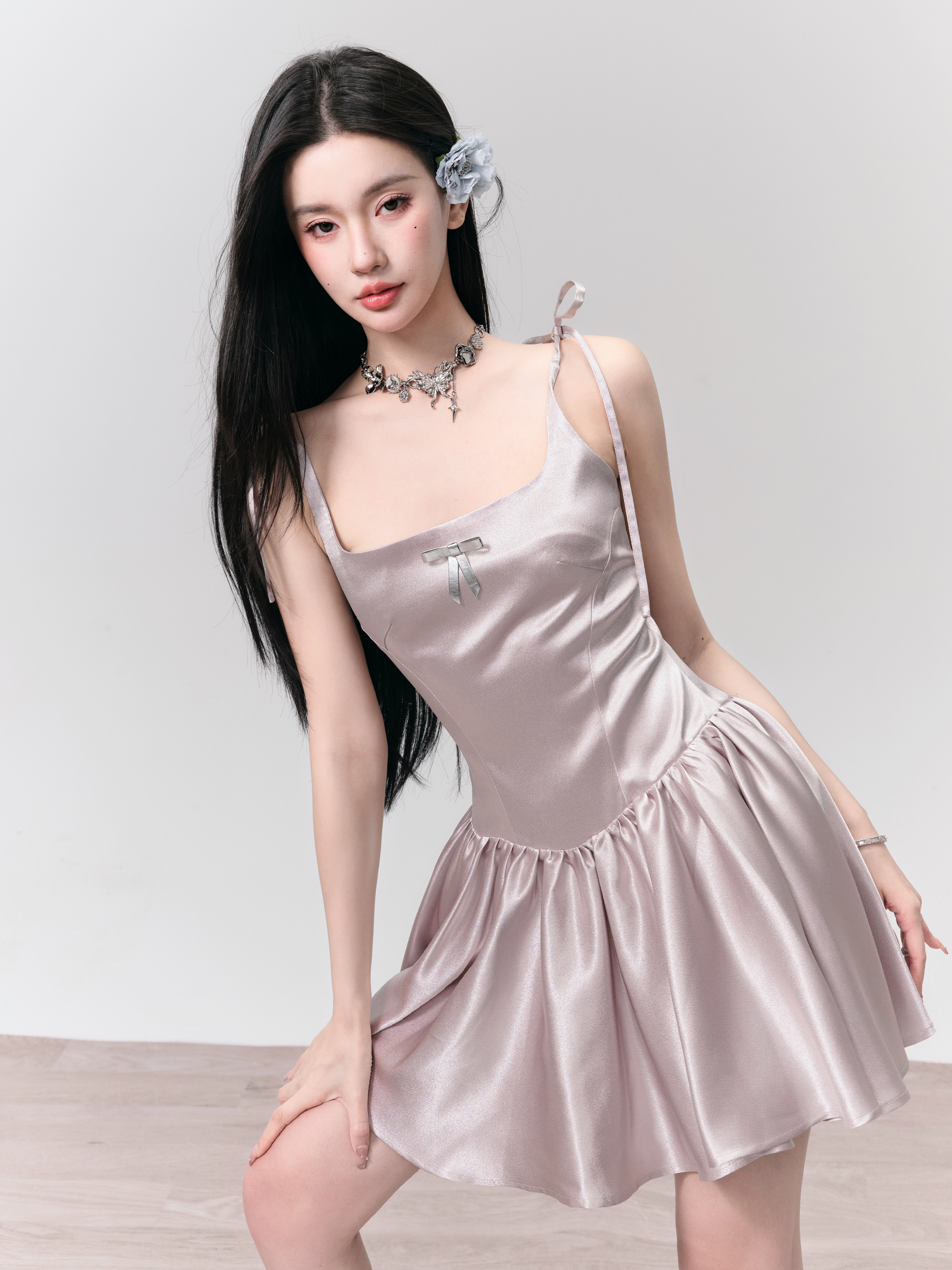 Champagne Latte Silver Powder Flowing Strap Dress - Elegant Princess Style, Perfect for Parties and Special Occasions