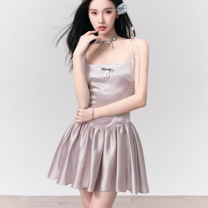 Champagne Latte Silver Powder Flowing Strap Dress - Elegant Princess Style, Perfect for Parties and Special Occasions
