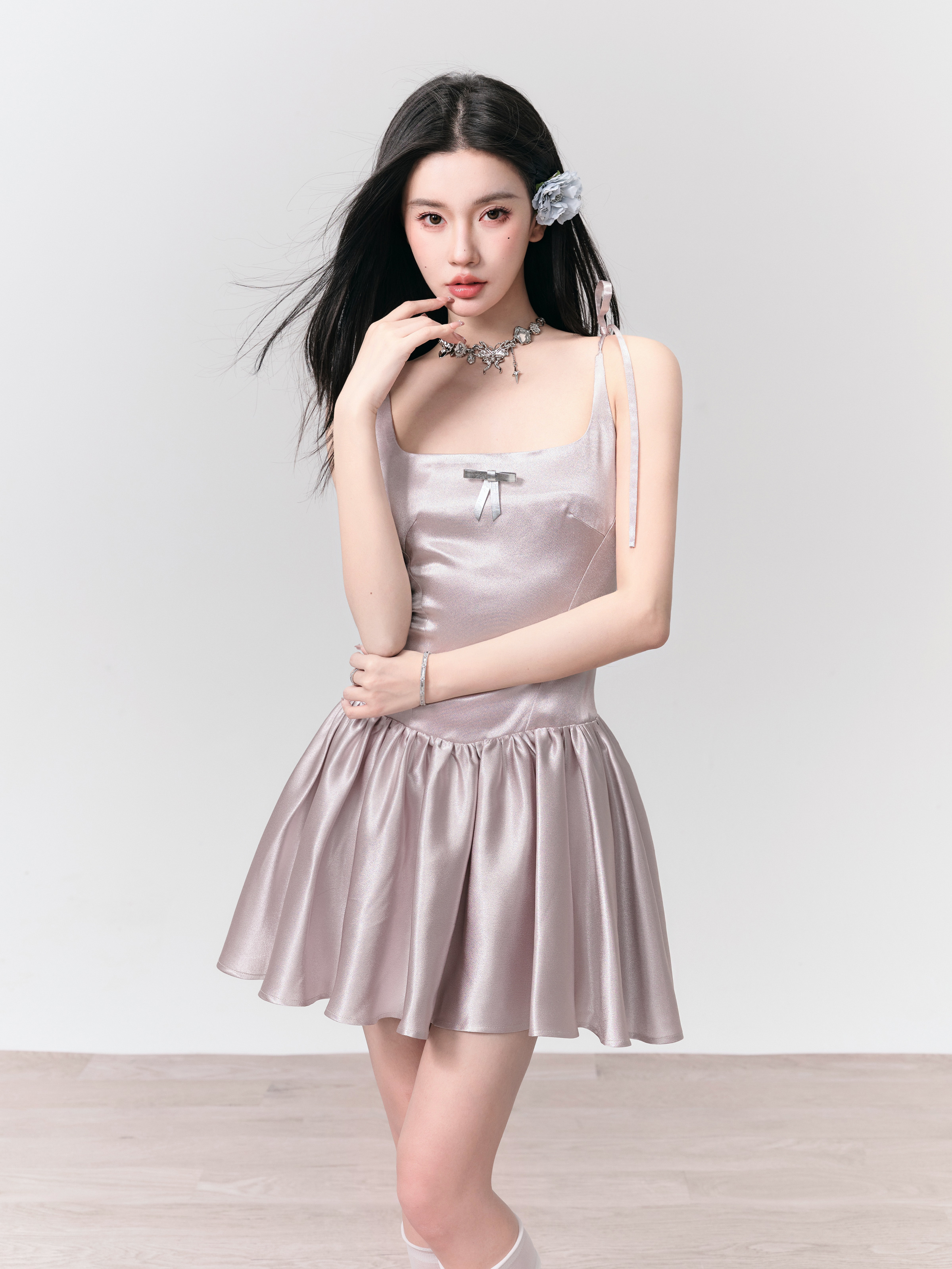 Champagne Latte Silver Powder Flowing Strap Dress - Elegant Princess Style, Perfect for Parties and Special Occasions