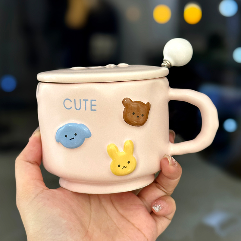 Charming Handcrafted Ceramic Animal Mug with Lid and Spoon - Cute Water Cup for Girls, Perfect for Breakfast and Milk
