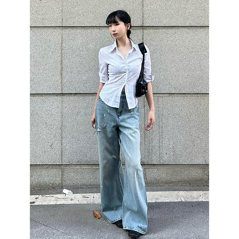 Chic Retro Hong Kong Style Color-Blocked Striped Short Sleeve Shirt for Women - Waist-Cinching Slim Fit Summer Top