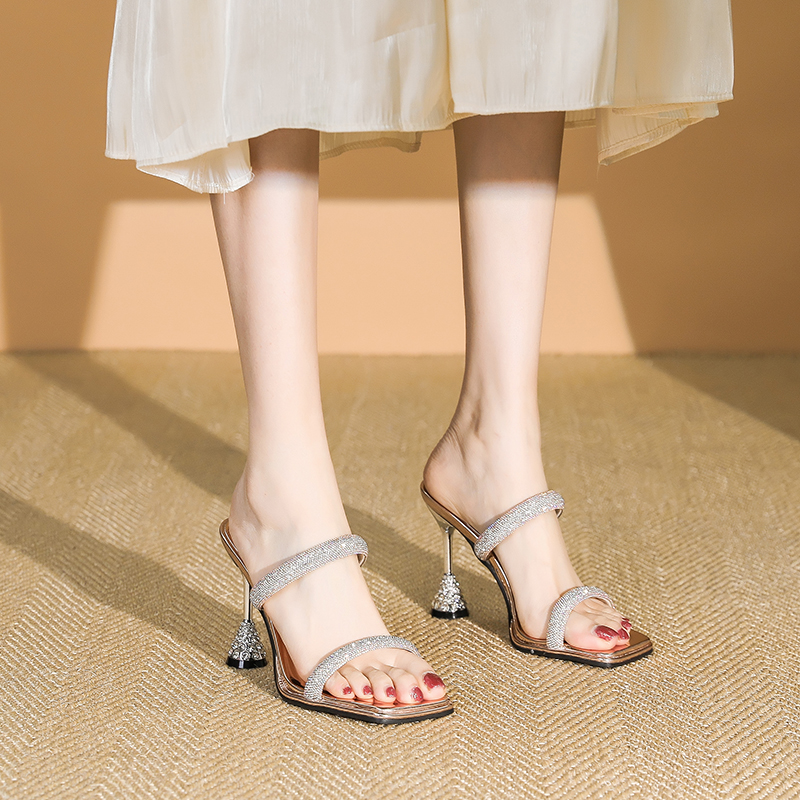 Chic Summer High-Heeled Sandals for Women, Rhinestone One-Strap Design, Backless Slip-On Cool Slippers, Trendy Footwear