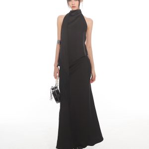Chinese Style Dark Satin Halter Backless Vest and Mermaid Skirt Set - Slimming Elegant Outfit for Y2K and 90s Fashion