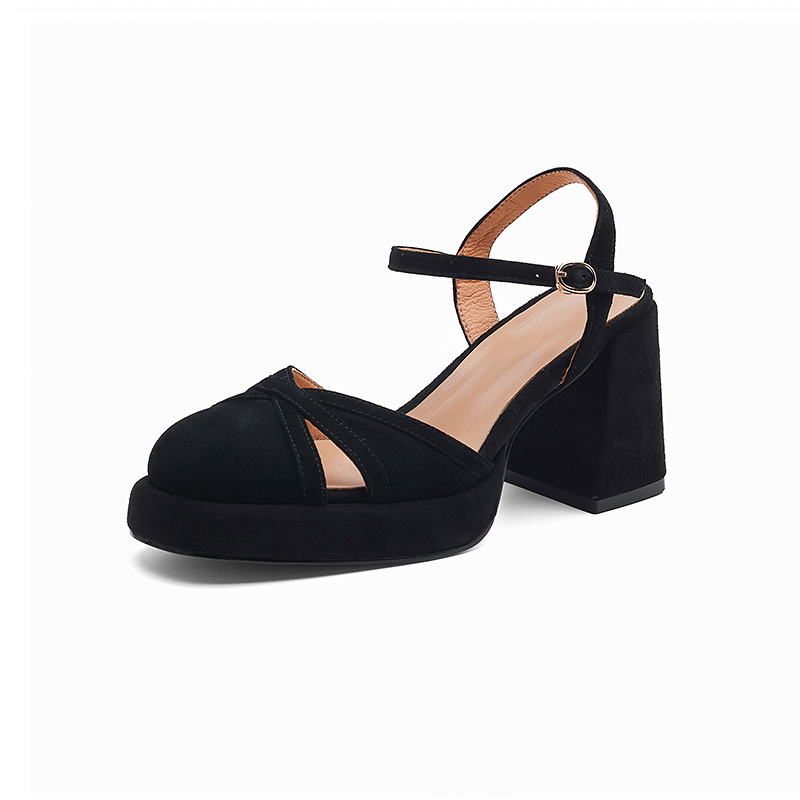 Chunky Heel Black Closed-Toe Platform Sandals for Women - Waterproof Cowhide Summer Footwear with Thick Bottom