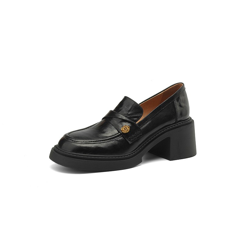 Chunky Heel Black Loafers for Women - Summer 2025 Small Leather Shoes with Camellia Design - Trendy and Stylish