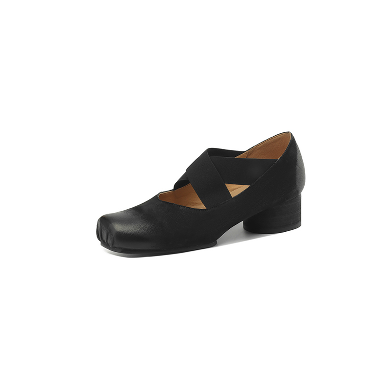 Chunky Heel Cross Strap Ballet Shoes for Women - Soft-Soled Mid Heels, 2025 Summer Style, Pig Nose Design