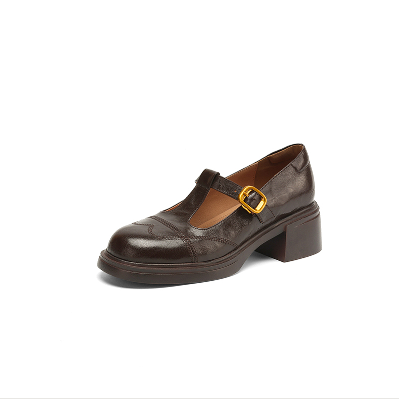 Chunky Heel T-Strap Loafers for Women - Mid-Heel Round Toe Hollow-Out Leather Shoes, 2025 Trendy Fashion Footwear