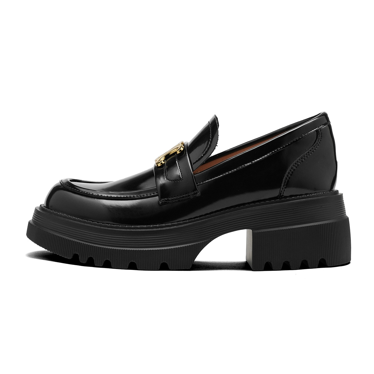 Chunky Heel Thick-Soled Loafers for Women - British Style Slip-On Genuine Leather Flats in Black with Height-Increasing Design